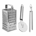 Oc9 स्टेनलेस स्टील 4 in 1 स्लाइसर एंड ग्रेटर & पिज़्ज़ा कटर & रोटी चिमटा फॉर किचन टूल सेट