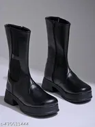 Shoetopia Solid Synthetic Block Heeled Boots Black 