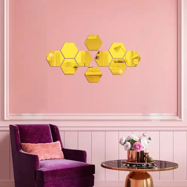 Acrylic Hexagon Shaped Wall Mirror Stickers (Gold, Pack of 10)