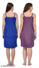 Satin Solid Nightdress for Women, Blue & Purple, Pack of 2 