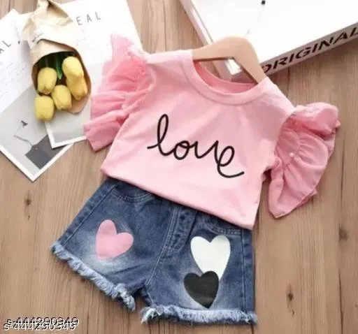 Hosiery Cotton & Denim Printed Clothing Set for Kids, Pink (6-9 Months)