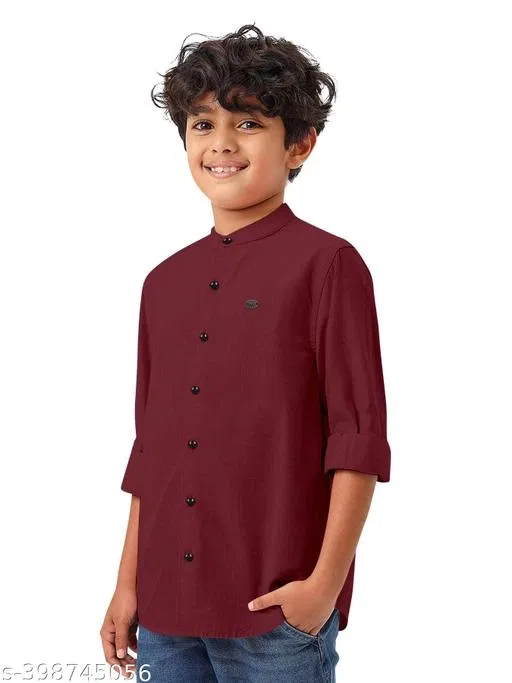 Solid Cotton Blend Mandarin Collar Long Sleeve Shirt for Boys (Maroon, 8-9 Years)