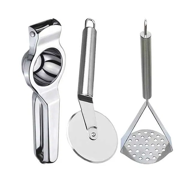 Oc9 Stainless Steel Lemon Squeezer & Pizza Cutter & Potato Masher Kitchen Tool Set (O-77)