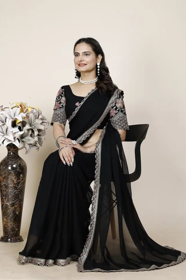 Chiffon Woven Design Saree for Women (Black, 6.3 m)