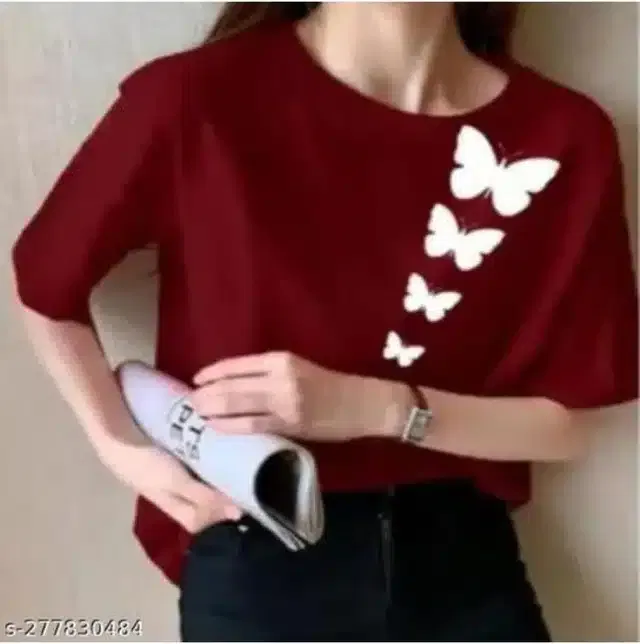 Cotton Blend Printed T-shirt for Women (Maroon, XL)