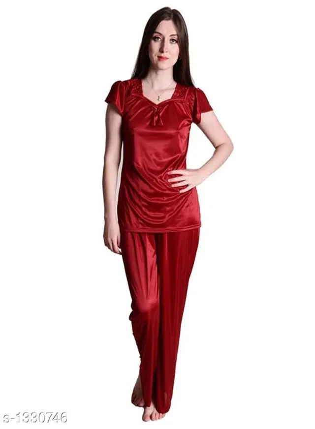 Satin Nightsuit Set for Women (Maroon, XL)