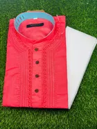 Cotton Blend Embroidered Kurta with Pyjama for Men, Peach & White 