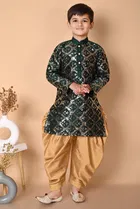 Dupion Silk Embellished Kurta with Dhoti for Boys, Bottle Green & Beige 