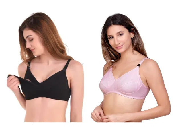 Cotton Blend Solid Non Padded Feeding Bras for Women (Multicolor, 40) (Pack of 2)