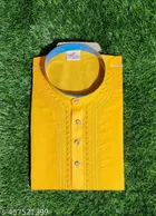 Cotton Blend Solid Kurta Set for Men, Yellow & White 