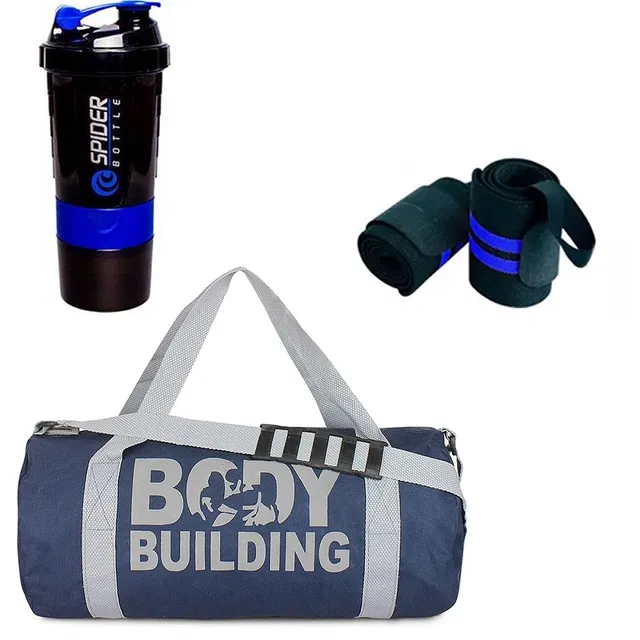 Polyester Printed Gym Bag with 2 Pcs Wristband & Shaker Bottle (500 ml) for Men & Women (Multicolor, Set of 1)
