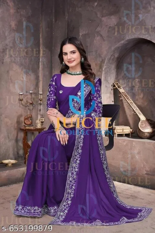 Georgette Embroidered Saree for Women, Purple (6.3 m)