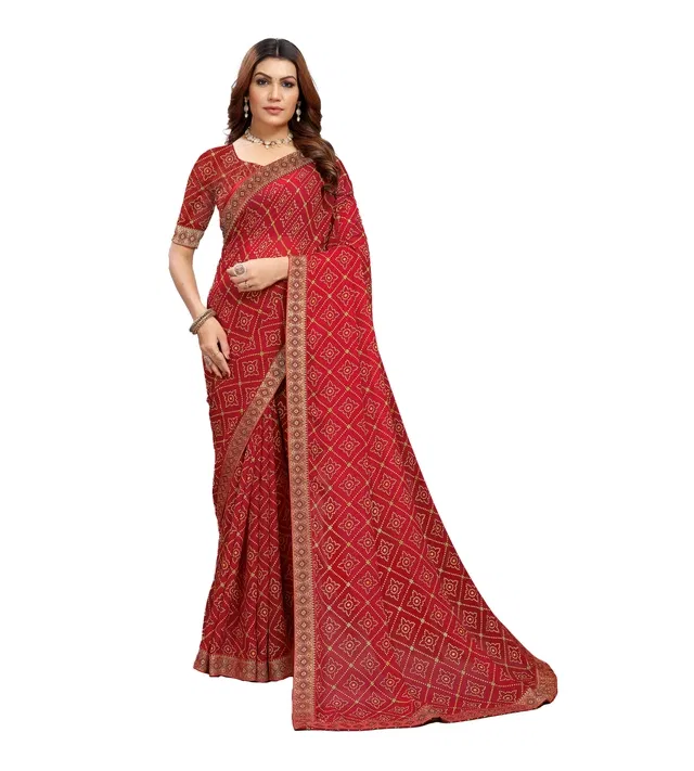 Georgette Printed Saree for Women (Red, 6.3 m)