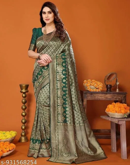 Kanjivaram Soft Banarasi Silk Saree for Women (Green, Free Size)