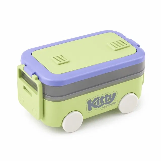 Cute Bus Shape Lunch Box For Kids, With Spoon & Fork (Multicolor)