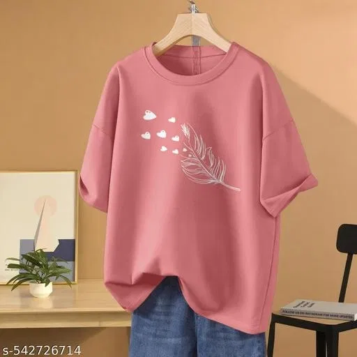 Cotton Blend Printed T-Shirt for Women, Peach (M)