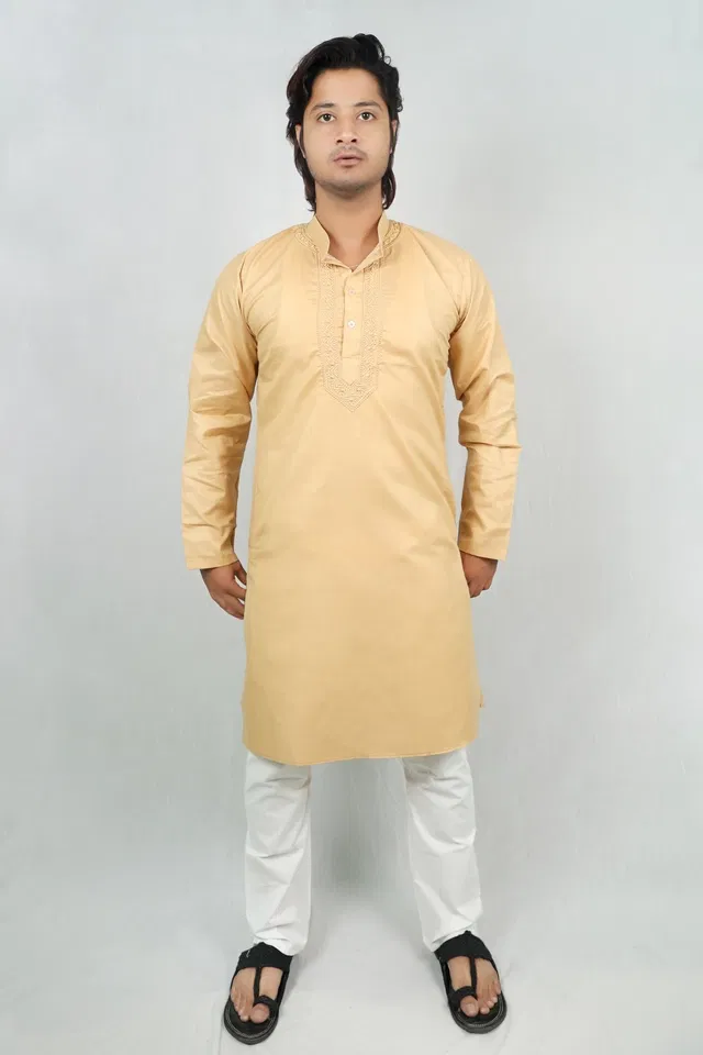 Cotton Solid Kurta with Pyjama for Men (Beige & White, XL)