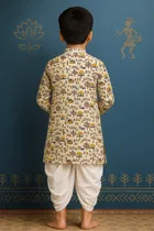 Cotton Printed Kurta with Dhoti for Boys, Beige & White 