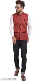 Cotton Blend Ethnic Jacket for Men (Red, M)