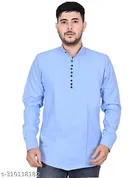 Cotton Blend Solid Short Kurta for Men, Blue 