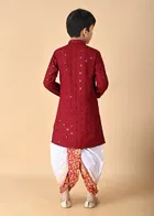 Rayon Embellished Kurta with Dhoti for Boys, Maroon & White 