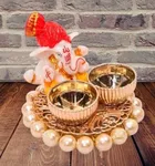 Metal Decorative Ganpati Haldi Kumkum Stand with 2 Roli Chawal Holder, Multicolor