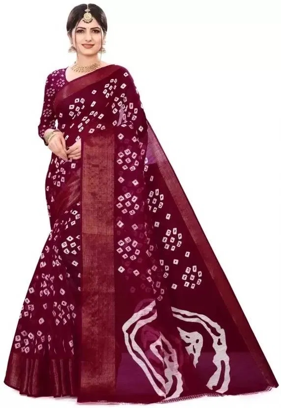 Cotton Bandhani Print Saree for Women (Maroon)