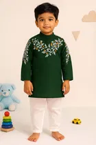Dupion Silk Printed Kurta with Payjama for Boys, Green & White 