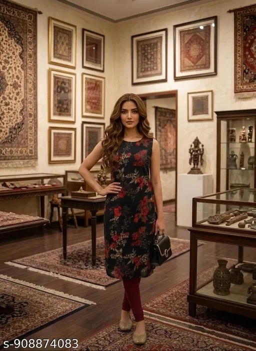 Floral Kurti for Women (Black, XL)