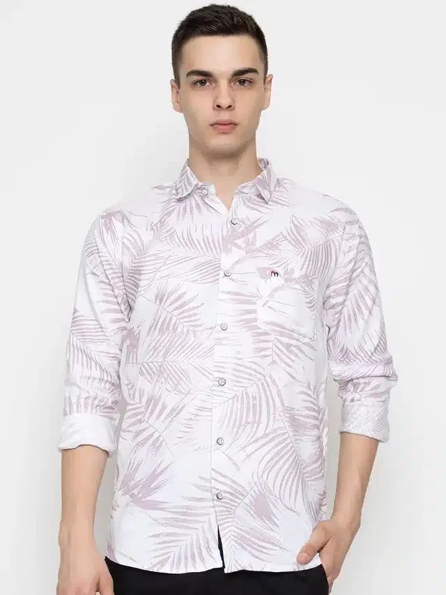 Cotton Printed Shirt for Men (White & Purple, XL)