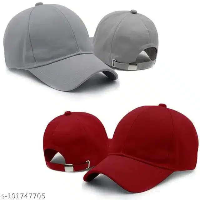 Cotton Cap for Men & Women (Grey & Red, Pack of 2)
