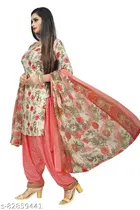 Floral Print Cotton Blend Unstitched Suit Fabric for Women, White & Pink