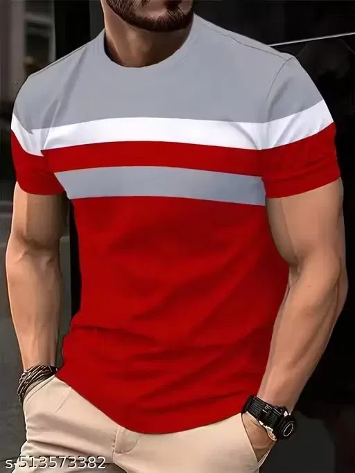 Colorblocked Round Neck Polycotton T-Shirt for Men ,Grey & Maroon (L)
