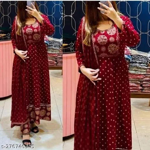 Micro Print Flared Dupatta Set for Women (Maroon, XXL)