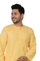 Cotton Blend Embroidered Kurta with Pyjama Set for Men, Yellow & White (M)
