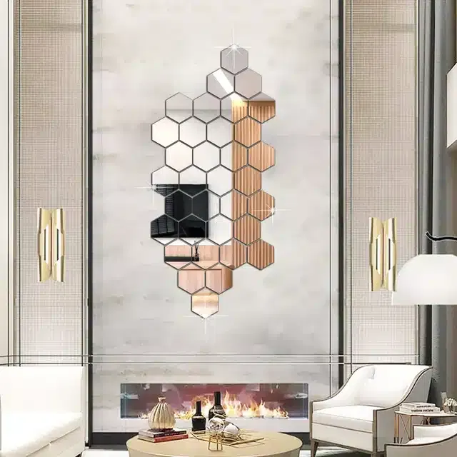 Acrylic Hexagon Shaped Wall Mirror Stickers (Silver, Pack of 34)
