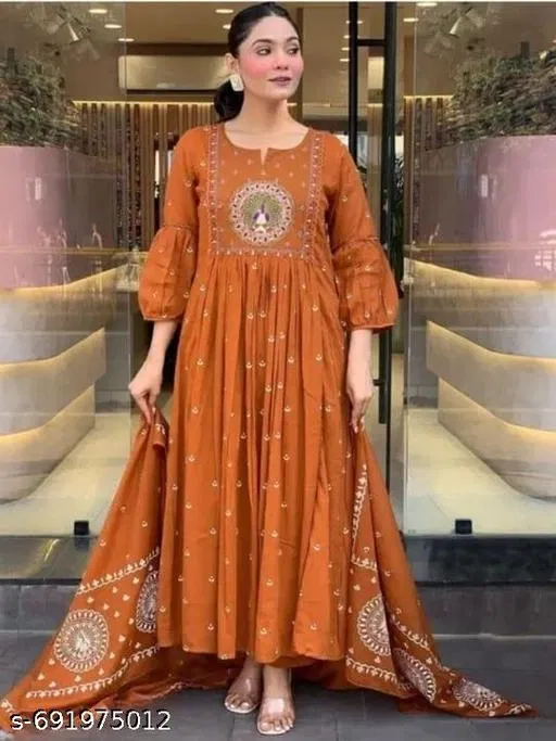 Embroidered Bamboo Kurta Set for Women (Rust, XL)