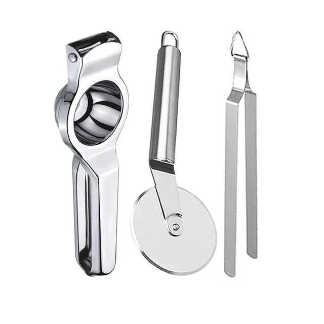 Oc9 Stainless Steel Lemon Squeezer & Pizza Cutter & Roti Chimta Kitchen Tool Set (O-26)