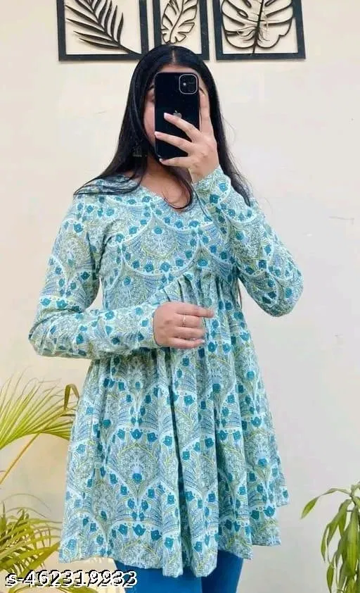 Rayon Printed Short Kurti for Women, Sky Blue (S)