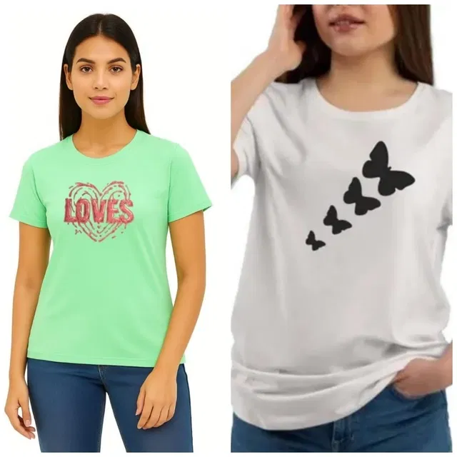 Cotton Blend T-shirt for Women, Green & White, Pack of 2 (L)