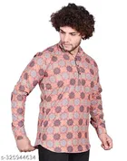 Cotton Blend Printed Short Kurta for Men, Pink 