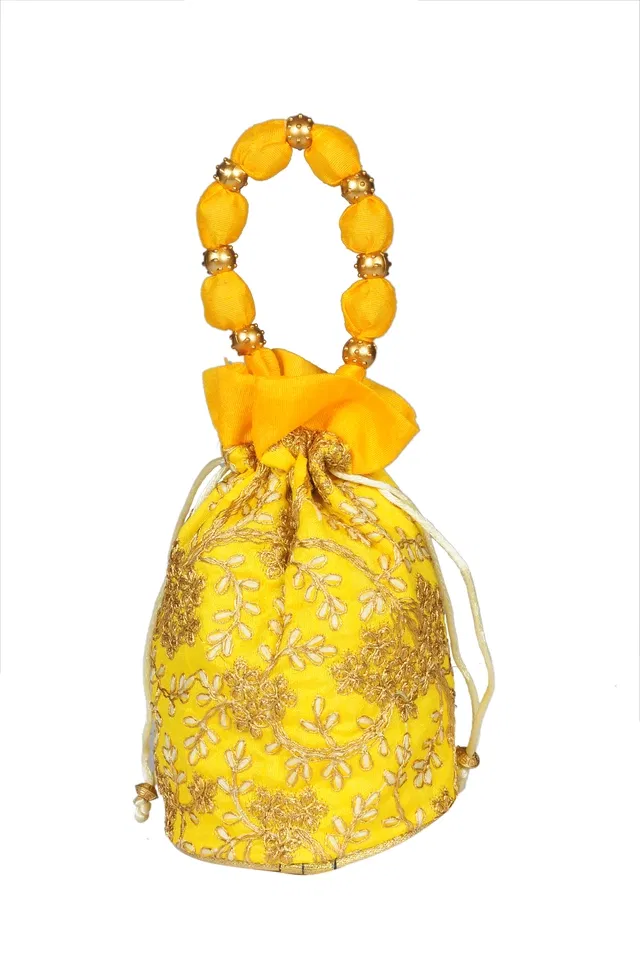 Silk Floral Ethnic Rajasthani Traditional Work Potli with Handle for Return Gifts (Yellow)