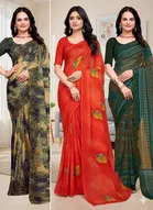 Georgette Printed Saree for Women, Multicolor, Pack of 3 