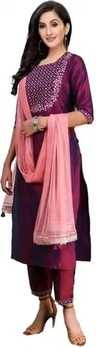 Women Art Silk Embroidered Kurta With Pant And Dupatta Set 
