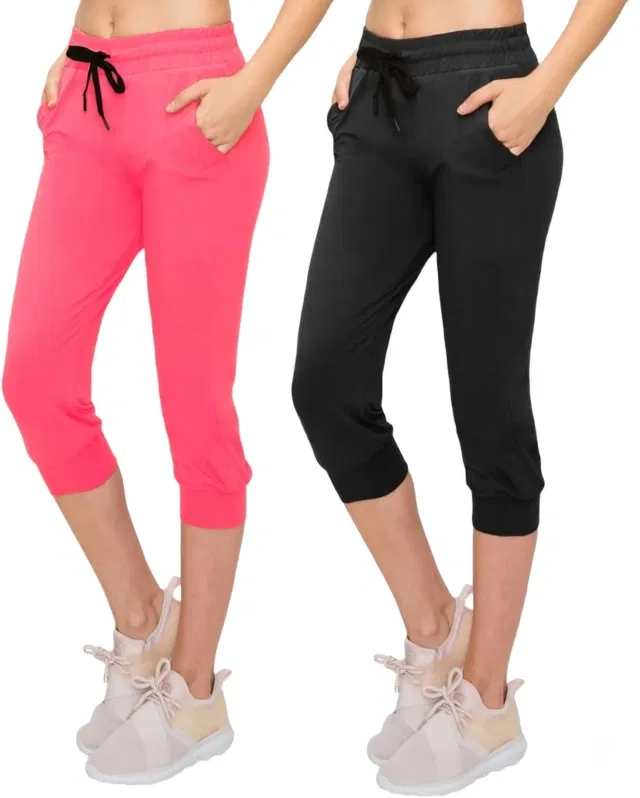 Cotton Solid Capri for Women (Pink & Black, XXL) (Pack of 2)