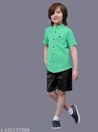 Solid Cotton Blend Mandarin Neck Short Sleeves Shirt for Boys 