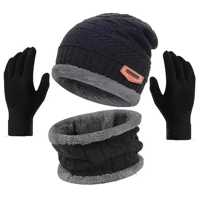 Beanie Cap with Neck Warmer & Gloves for Unisex (Black, Set of 3)