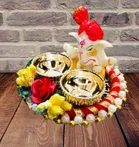 Metal Decorative Ganpati Haldi Kumkum Stand with 2 Roli Chawal Holder, Multicolor