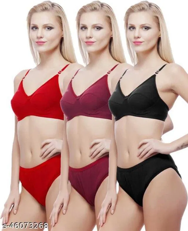 Cotton Blend Solid Lingerie Set for Women (Multicolor, 32A) (Pack of 3)