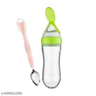 Combo of Feeder Bottle (90 ml) with Double Head Spoon for Baby (Green & Pink, Set of 2)